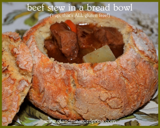 gluten free beef stew in gf bread bowl